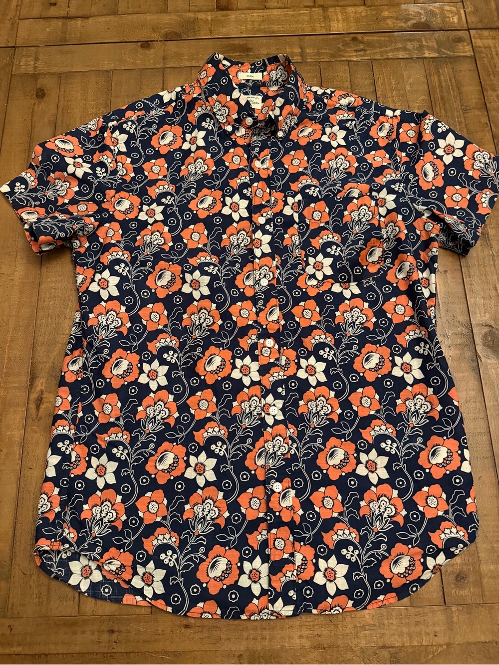 J. Crew Navy Short-Sleeve Button-Down Shirt with Orange & White Floral Print